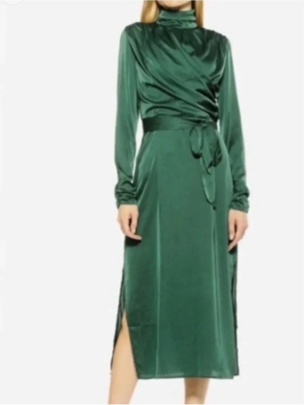 Alexia Admor Forest Green Satin Tie-Waist Midi Dress